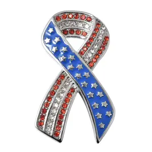 White Red Crystal Stainless Steel American Flag Ribbon Brooch for Women Ct 0.5 Birthday Christmas Gifts