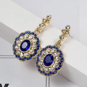 Cluster Flower Earrings, Vintage Golden Design with Blue Crystals, Women's Sports & Outdoor Accessory Jewelry