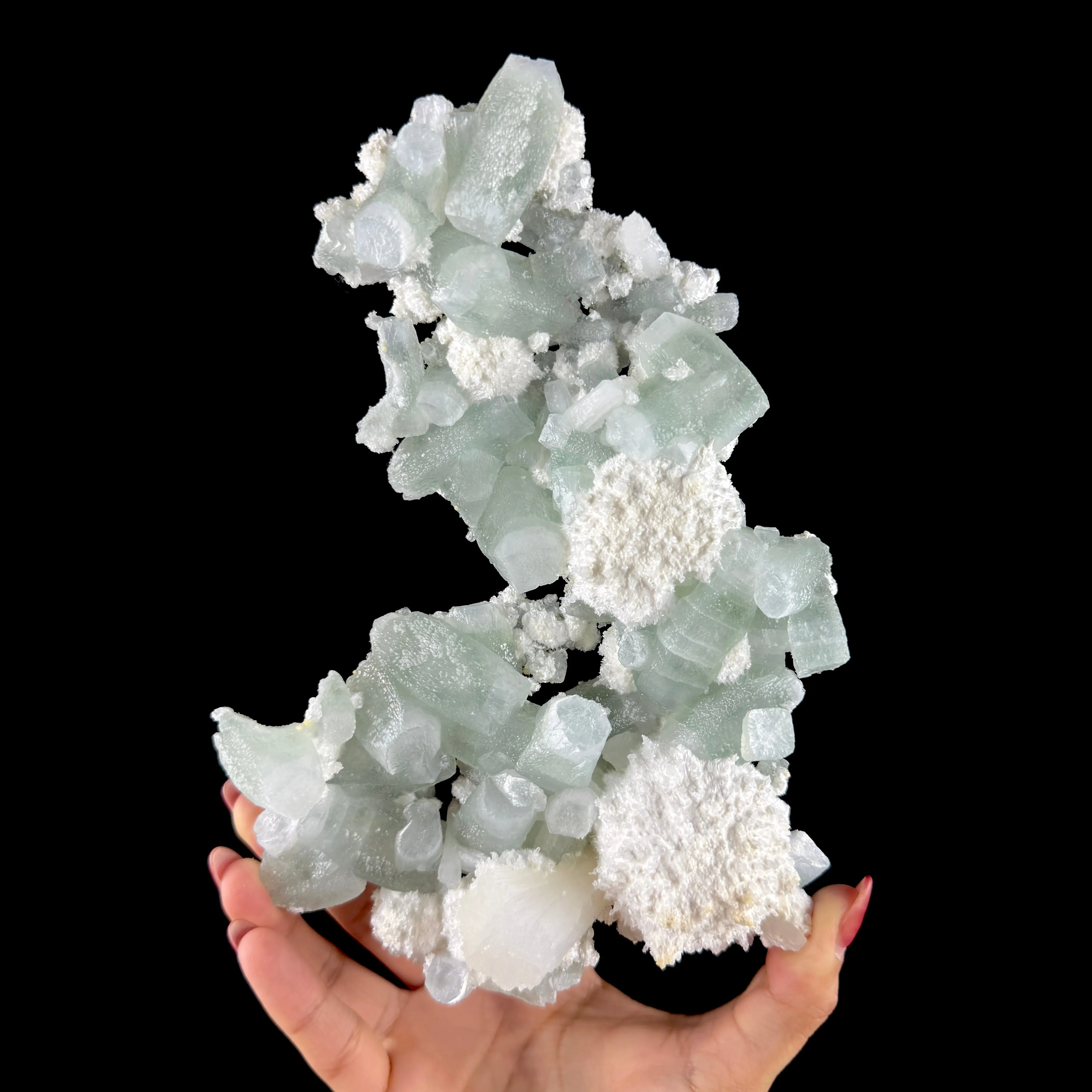 Green Apophyllite with Cotton-Ball Mordenite & Stilbite - Raw Indian Zeolite Cluster from Ahilyanagar ,India # DKT146