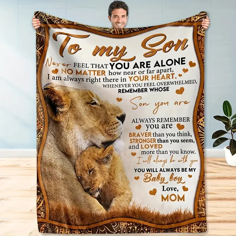 Reversible Flannel Blanket, "To My Son" Print, Warm & Comfortable, Multi-Season, All-Purpose, for Sofa, Bed, Car, Office, Camping, Travel, Fantasy Theme, Digital Print, Polyester Cover, 250-300g Fabric, Knit Construction