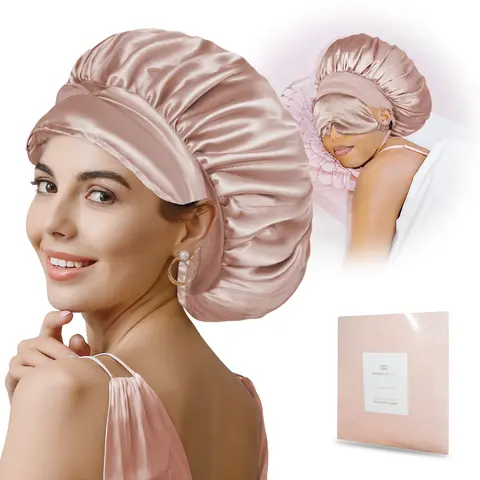 BONNET QUEEN Women's Hydrating Double Hyaluronic Acid Satin Bonnet Hat with Eye Mask - Casual Hydrating Hats, Stretch, Breathable, Non-Slip, Adjustable for Small Head Circumference Curly Hair, Machine Washable, Foldable Haircare Accessory