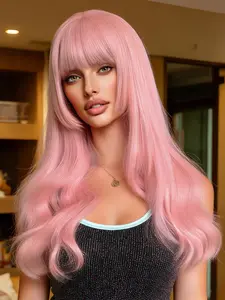 Pink wig With bangs Wavy curl hairstyle at the temples Adjustable rose net cap Synthetic high-temperature resistant fibers, Synthetic Natural Looking, Comfortable Suitable for daily wear, party gatherings, role-playing, gift for ladies-22 inches