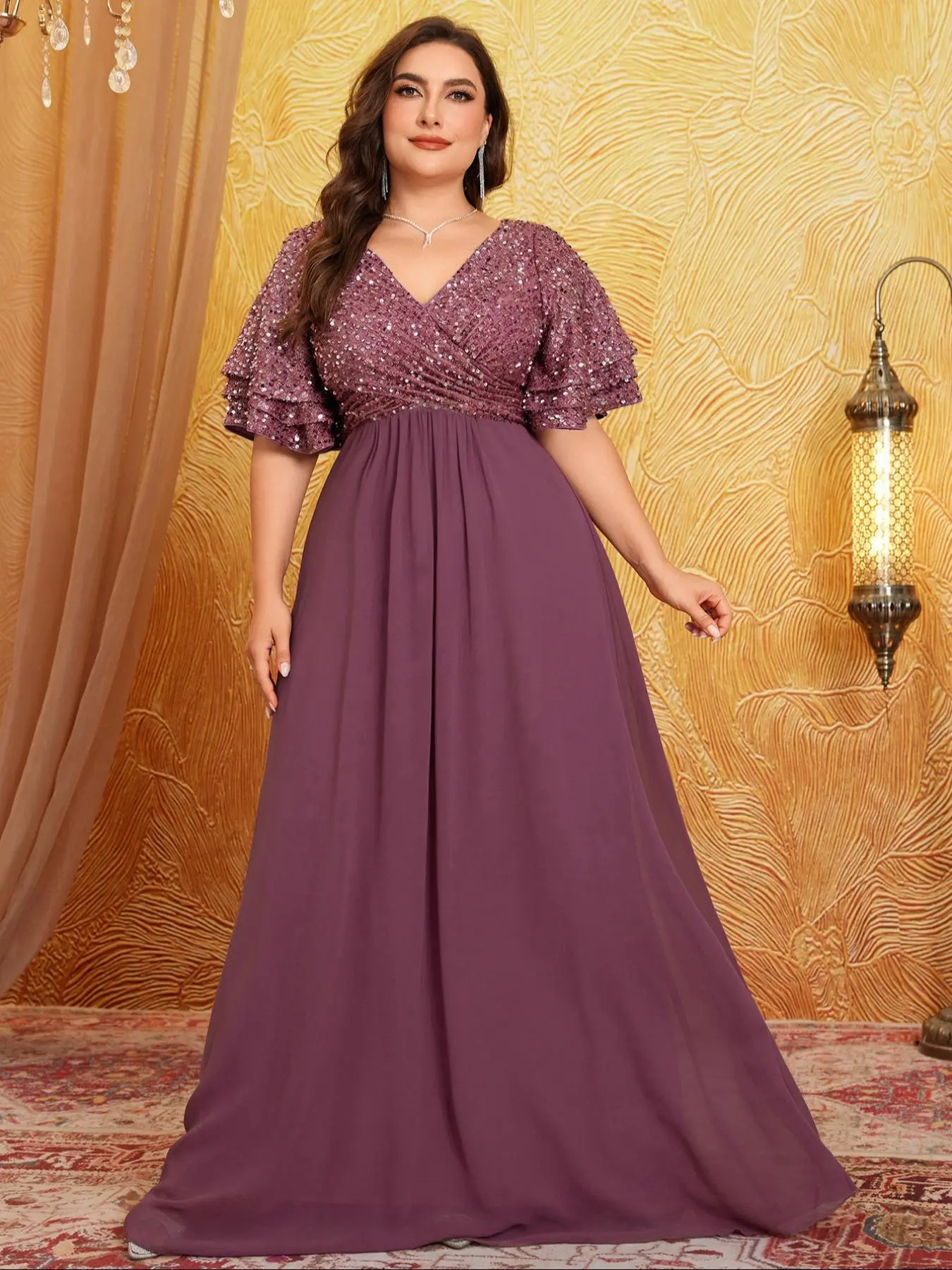 Plus Size Contrast Sequin Layered Sleeve Wrap V Neck Evening Dress, Elegant  Half Sleeve Zipper Back Maxi Dress for Party & Banquet, Women's Clothes for  All Seasons - TikTok Shop