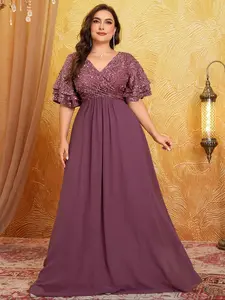 【Plus Size】 Contrast Sequin Layered Sleeve Wrap V Neck Evening Dress, Elegant Half Sleeve Zipper Back Maxi Dress for Party & Banquet, Women's Clothes for All Seasons