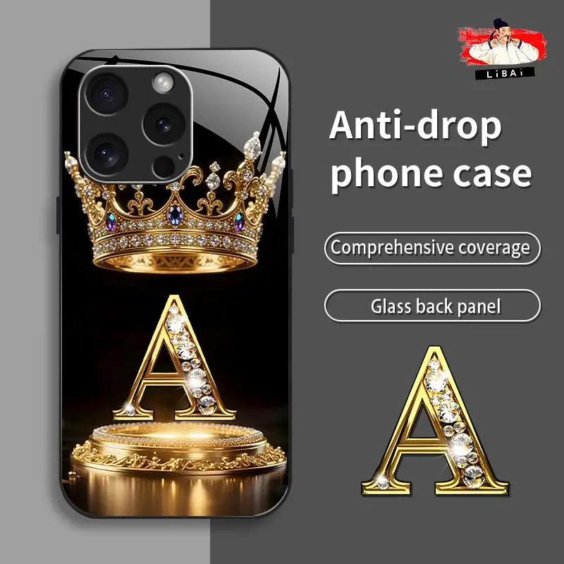 Suitable for [iPhone 16 Pro Max] New high-end crown gold base letter glass mobile phone case New business simple metal paint electroplated glass mobile phone case Affordable price Anti-drop and anti-fingerprint 995