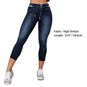 Flamingals Wash Contrast Binding Double Button Drawstring Mid Waist Capri Jeans Casual Comfort