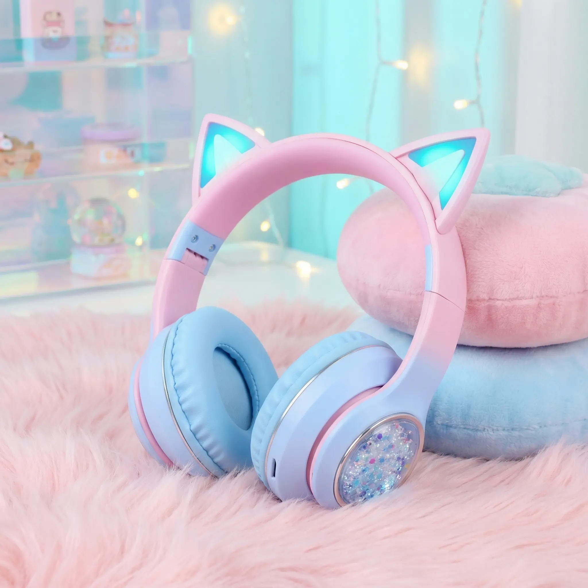 Cat Ear Earcups With Flowing Glitter, Stylish Headphones for Teens & Kids - Bluetooth 5.3, 40H Playtime, Hi-Fi Sound & Foldable Design with LED Lights, Adorable Cute Headphones Perfect For Gaming, Music, School & as a Gift for Girls and Boys, Pink Blue