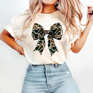 Camo Coquette Bow T-Shirt - Casual Unisex Shirt with Camo Bow, Round Neck, Comfortable Fit for Womens - AMBER