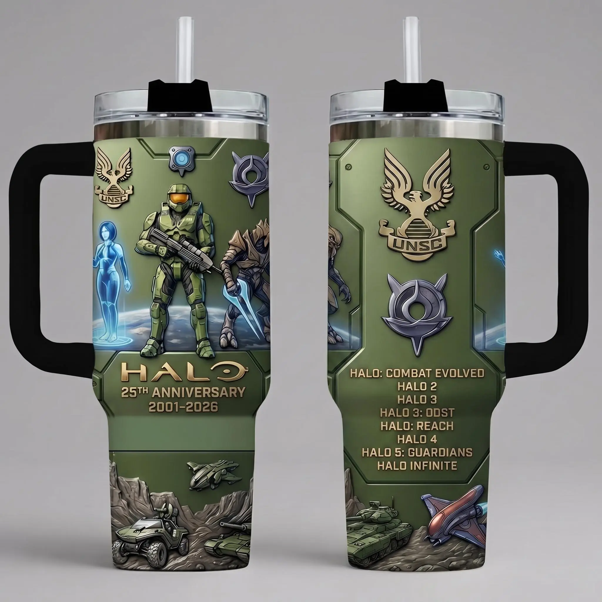 Halo 25th Anniversary 2001-2026 40oz Tumbler with Handle & Straw, Master Chief UNSC Insulated Cup, Sci-Fi Gaming Travel Mug, Retro Xbox Gamer Gift, Collectible Drinkware for Fans