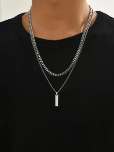 Punk Style Stainless Steel Cuban Link Design Necklace Set, 2pcs Simple Trendy Neck Jewelry for Men and Boy for Gift, Fashion Accessories for Party, Daily Clothing Decor