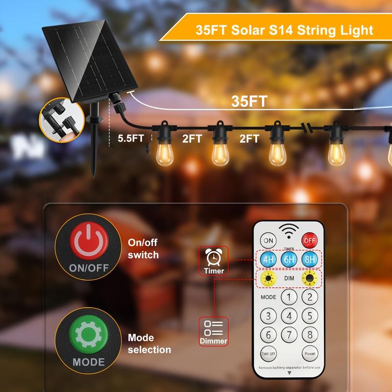 35FT Solar S14 Outdoor String Lights Warm White Waterproof Patio Light with Remote Control & 3W Solar Panel Up to 12H Runtime
