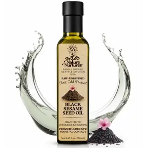 Black Sesame Seed Oil for Cooking and Baking · Raw · Unrefined · First Cold-Pressed at Temperatures Below 30°C · Pressed Only Once · Without Metal or Wood Contact · Small Batch · Handcrafted in USA · 100% Pure & Natural · Also Loved for Skin and Hair