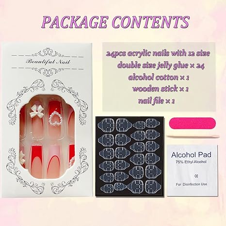 24 Pcs Long Square Fake Nails Strawberry Bow Design, Water Pipe Style Press On Nail Tips for Women & Girls