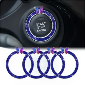 4PCS Bling Car Engine Start Stop Decoration Ring, Crystal Rhinestone Auto Push Start Button Ignition Ring Sticker, Vehicle Decor Accessories for Women Girls, Universal for Vehicles (Dark Blue)