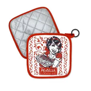 Potholder: "Hot Dish" Red and White Potholder with Hanging Ring by Adam Turman