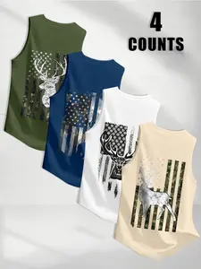 4-Pack Outdoor Hunting Style Deer & Flag Print Sleeveless Tank Tops, American Vintage Loose Fit Men's Summer Workout Clothes