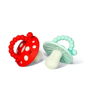 Soft Silicone Infant & Baby 3M+ Teether Toy Massaging Bristles Teething Relief Pacifier - Soothes Sore Gums - Hands-Free & Easy-to-Hold Chompy Teether, BPA Free (RED/Blue)