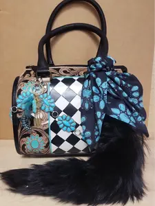Turquoise Concho Midnight Speedy Bag - Classic Black-and-White Checkered Center Panel with Hand-Tooled Leather & Floral Detailing