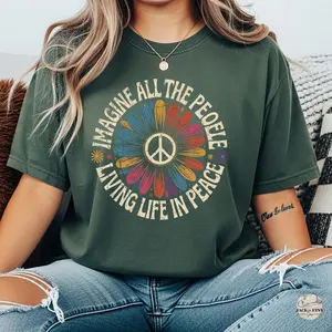 Imagine Peace T-Shirt | "Imagine All the People Living Life in Peace" | Floral Daisy Peace Sign Tee | Hippie Boho Graphic Shirt