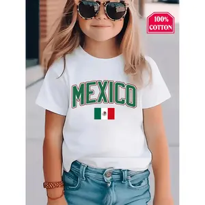 Mexico Flag & Letter Print Girls' Cotton T-Shirt - Soft, Breathable Crew Neck Tee for Youngsters & Teens - Fun & Stylish Summer Gift - 100% Cotton, Machine Washable, Youngsters Casual Wear|Bold Flag Design|100% Cotton Tee