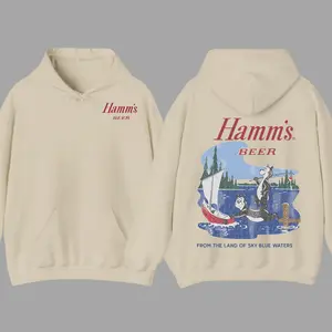Hamm’s Beer Hoodie , White Tee with Classic Hamm’s Logo and Vintage Water Scene , Unisex Hoodie For Beer Enthusiasts and Outdoor Lovers , Comfortable and Stylish for Everyday Wear Menswear Crewneck