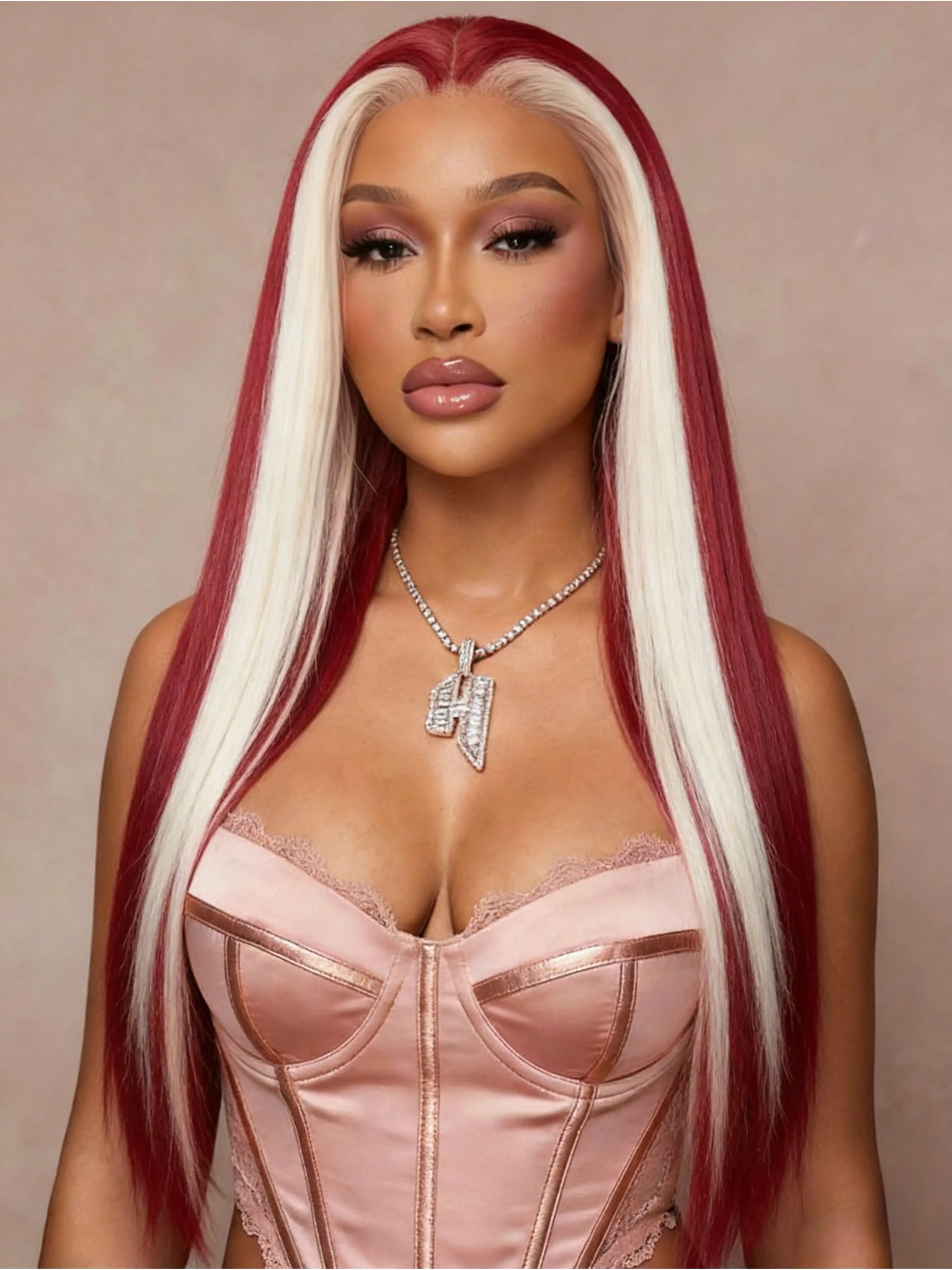 Burgundy with Blonde Highlights Lace Front Wig 28" Wine Red Highlight Straight Wig 13x4 HD Lace Front Wig Heat-Resistant Synthetic Hair Pre-Plucked Natural Hairline for Festival & Parties