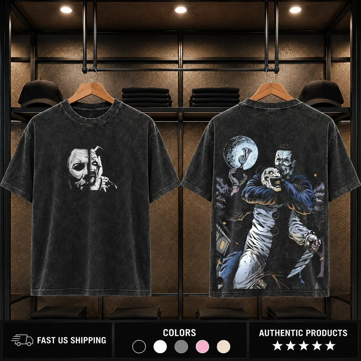 Halloween Michael Myers Art the Clown Graphic Tee Horror Movie Fan Shirt 230GSM Washed Cotton Vintage Men Top Slasher Icons Tribute Halloween Franchise Terrifier Legacy Collector Gift Streetwear Unisex Tee