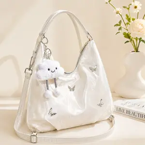 Convertible Backpack Shoulder Bag for Women |   Cute White Hobo Crossbody Purse with Cloud Charm, Butterfly Detail & Adjustable Straps for Daily Use