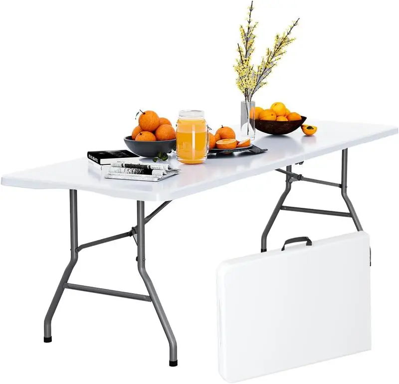 6FT Lightweight Heavy-Duty Fold-in-Half Plastic Foldable Desk with Carrying Handle, Waterproof Top, Wobble-Free Legs, for Indoor Dining, Outdoor Patio, Small Spaces