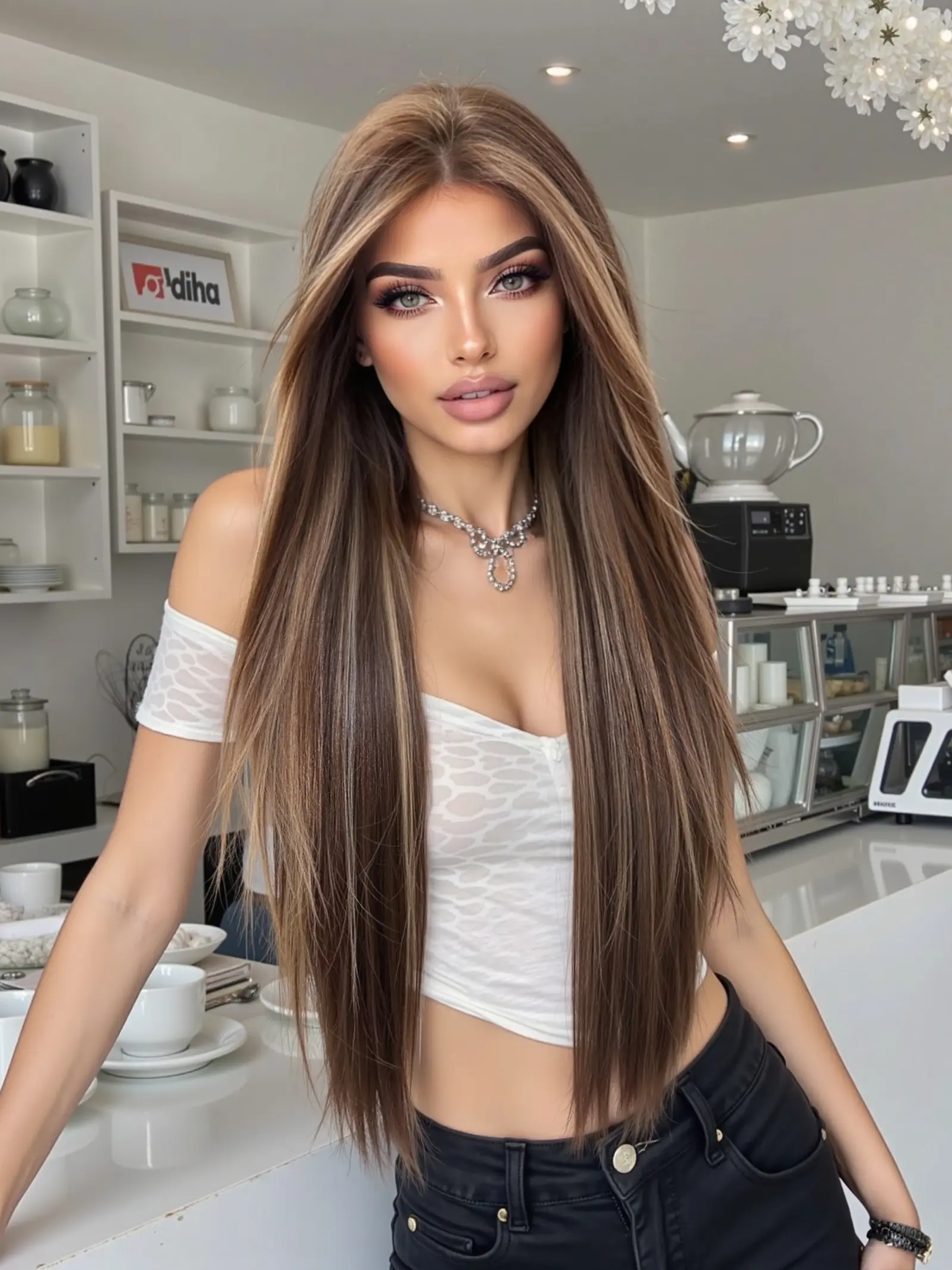 13x6 HD Glueless Lace Front Wig 22" Dark Brown with Caramel Highlight Straight Synthetic Wig Heat Resistant Glueless HD Wigs Lace Frontal Wigs