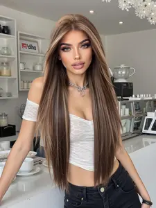 13x6 HD Glueless Lace Front Wig 22" Dark Brown with Caramel Highlight Straight Synthetic Wig Heat Resistant Glueless HD Wigs Lace Frontal Wigs