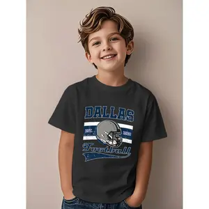 Youth Dallas Football Graphic Unisex Cotton T-Shirt, 6-18 Years, Short Sleeve Round Neck, Team Design, 3 Colors (White, Navy, Pink), Machine Washable, Slight Comfort, All Seasons, Back to School & Everyday Casual Kids' Top