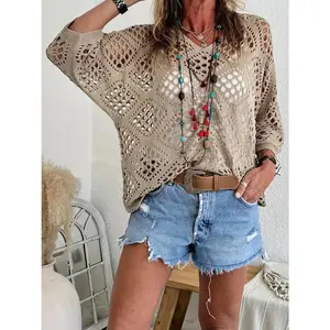 V-neck diamond-shaped hollow-out women's sweater cardigan knitted women's clothing crochet top v neck