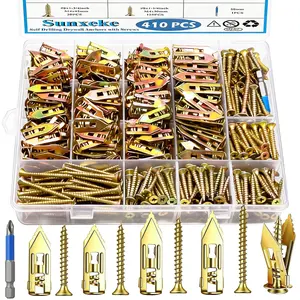 410 PCS Self Drilling Drywall Anchors with Screws Kit - 2 Sizes Sheetrock Anchors & 4 Sizes Zinc Expansion Screws,2025 Upgraded Zinc Plated Steel,No Drill Needed, Holds Up to 66LB on Walls Heavy Duty Fastening