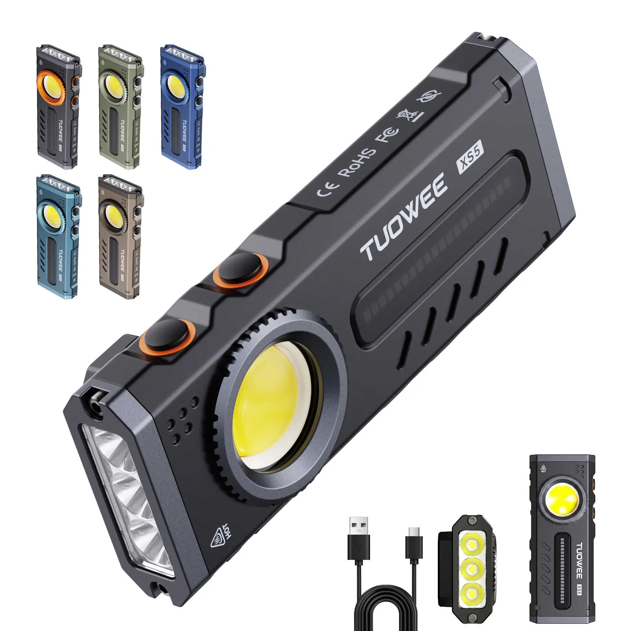 TUOWE XS5 2000 Lumens Rechargeable LED Tactical EDC Flashlight - 2000mAh, EDC Torch, Flat Body, Magnetic Base, RGB Modes, Red Light, Pocket Clip for Outdoor, Car Repair