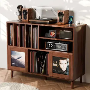 XL Record Player Stand with Sliding Doors, 500+ Vinyl Record Storage Cabinet with Charging Station & USB Ports, Mid Century Modern Record Player Table,Turntable Stand with Wood Legs