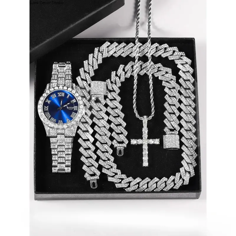 Unisex 3-Piece Punk Jewellery Exquisite Watch Set, Set Includes Rhinestone Shine Cross Pendant Necklace, Adjustable Alloy Bracelet & Exquisite Watch for Everyday Wear