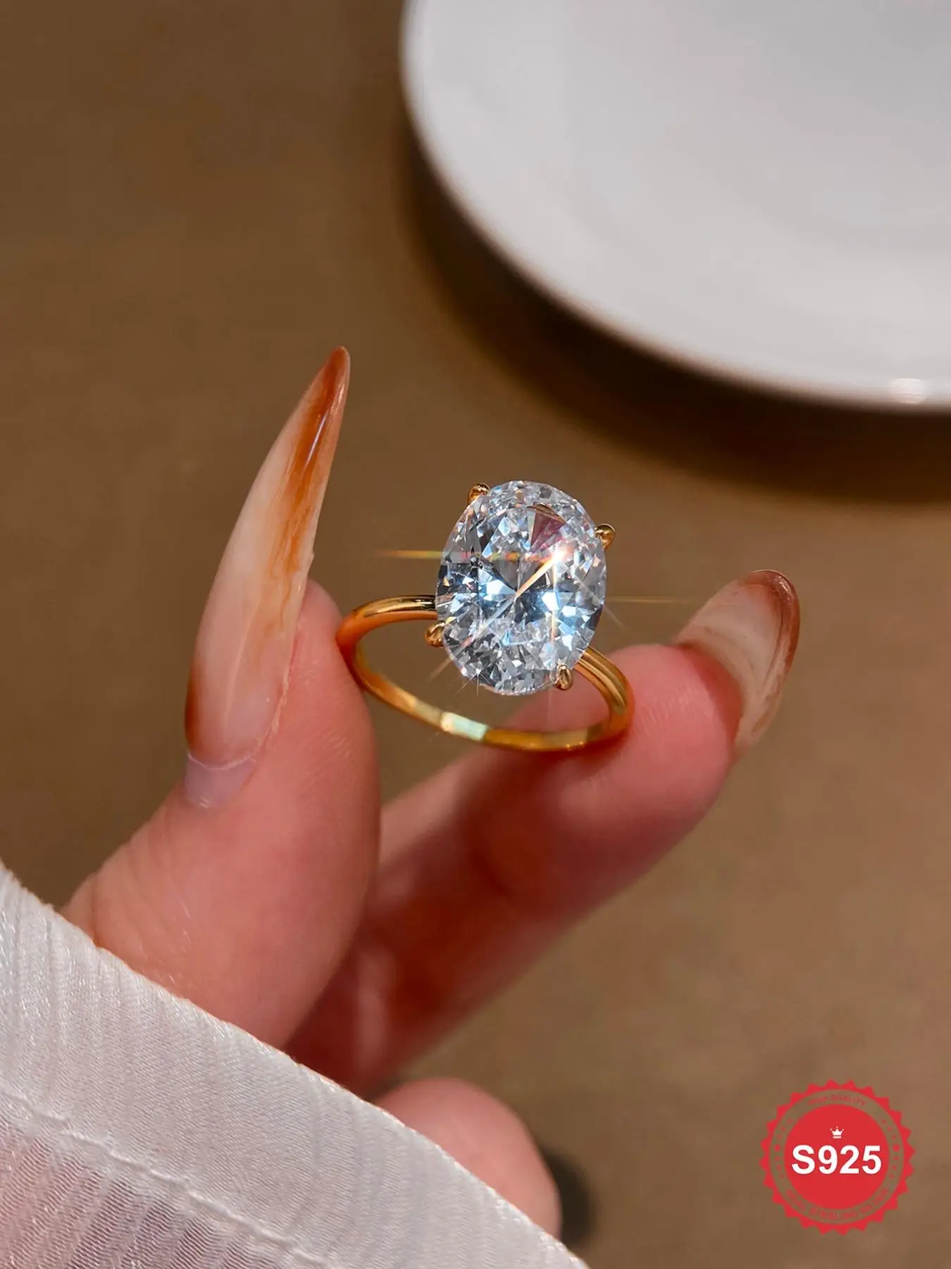 S925 Sterling Silver Oval Shaped Artificial Zircon Ring, Fashion Engagement Ring for Women, Trendy All-match & Exquisite Jewelry for Birthday Gift