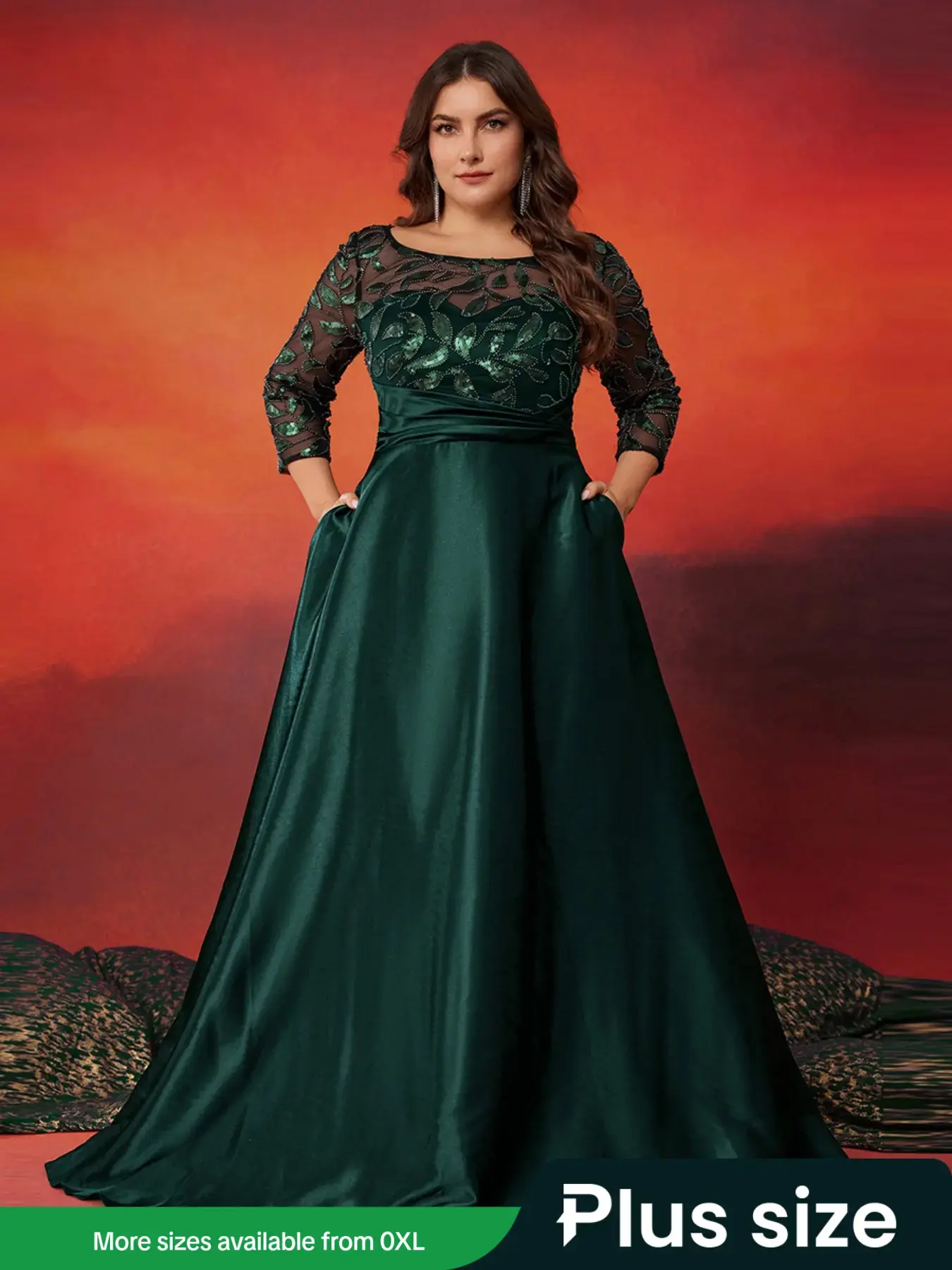 [Plus Size] Leaf Pattern Sequins Decor Formal Woven Fabric Evening Dress, Elegant Fashion Loose Maxi Dress for Party Ball Performance Wear, Women's Plus Size Clothing for Spring & Fall