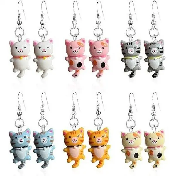 Popular 6 pairs of cute cartoon cat earrings, adorable animal-shaped earrings for girls, wholesale in 6 colors