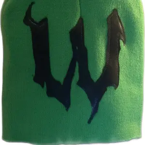 Welp Stitched Beanie - Green Knit Hat with Black Leather Lettering for Stylish Warmth