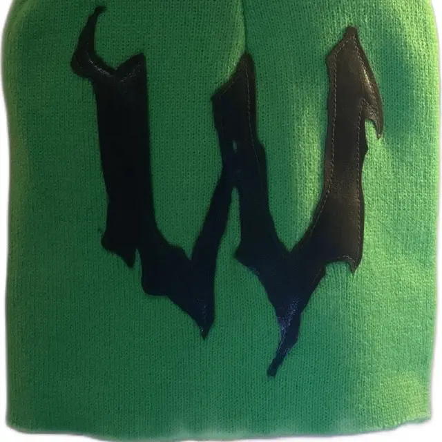 Welp Stitched Beanie - Green Knit Hat with Black Leather Lettering for Stylish Warmth