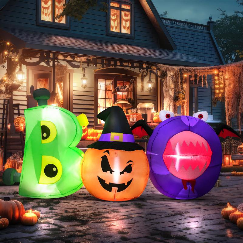 Halloween 8FT Inflatable Outdoor Decorations Boo Inflatable with Scary Eyes Pumpkin Monster Green Orange Purple Built-in LED Lights for Outside Lawn Holiday Decor