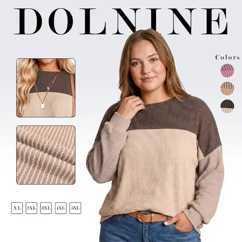 DOLNINE Lady's Plus Size Waffle Knitting Sweatshirt - Longsleeves, Loose Fitted Trendy Crewneck, Drop Shoulder Relaxed Fit Casual Pullover Top for Fall, Winter