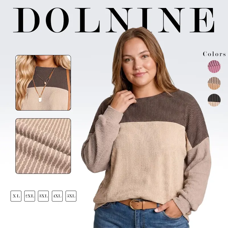 Plus Size Tops for Women Fall Long Sleeve Shirts Casual Color Block Crewneck Sweatshirts Oversized Ribbed Knit Tunic DPS1129 Womenswear Knitwear