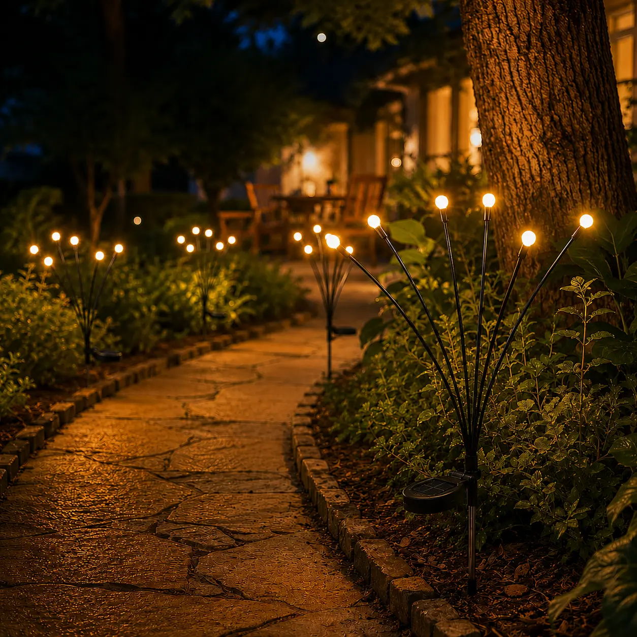 Outdoor Solar Firefly LED Lights—2/4/8-pack waterproof garden stake lights with automatic illumination from dusk to dawn; a whimsical decoration for ambient lighting and LED path lighting; a must-have for dorm rooms and home decor, Light Sensor-Activated,