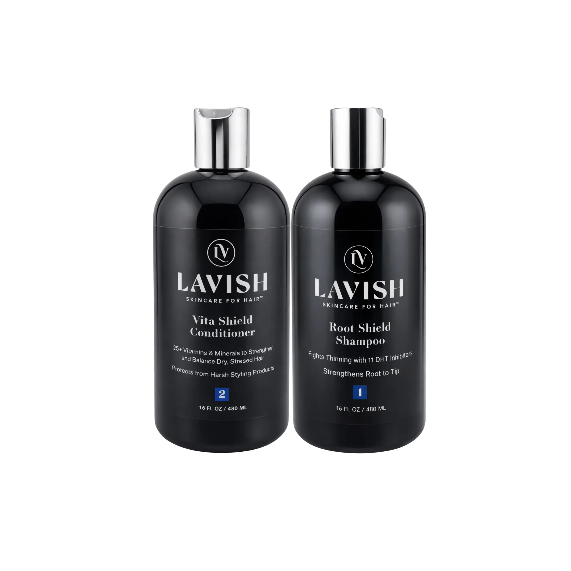 LAVISH Shampoo and Conditioner Set Root Shield DHT Blocking Shampoo and Vita Shield Conditioner for All Hair Types Sulfate Free Paraben Free Color Safe Hair Care Duo Supports Fuller Thicker Soft Manageable Hair 16 Fl Oz Each