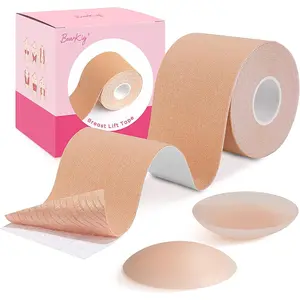 Breast Lift Tape, Boob Tape for Breast Lift & Shape, Bob Tape for Large Breast, Breathable Push Up Tape, Invisible Body Tape, Boobytape Along with 1-Pair Sticky Reusable Silicone Covers (Beige)