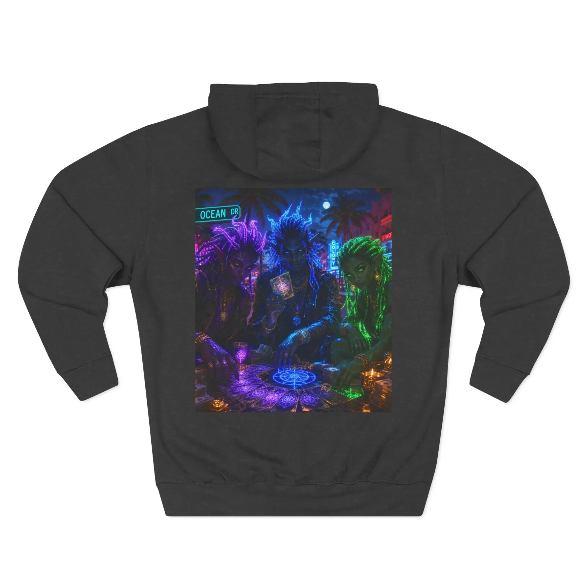 Neon Cyberpunk Trio Hoodie | Fantasy Sci‑Fi Back Print
