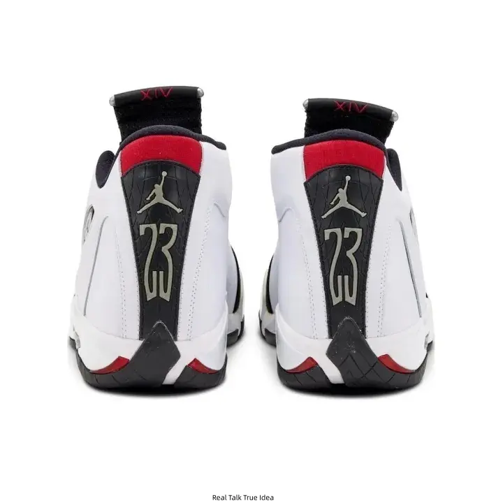 White‑Black‑Red Retro Mid‑Top Basketball Sneakers, Smooth Leather Upper, Black Heel Panel With Gold Jumpman & No.23 Logo, Red Collar Trim, Classic Heel Detail, Vintage Street‑Style Athletic Shoes for Men Women